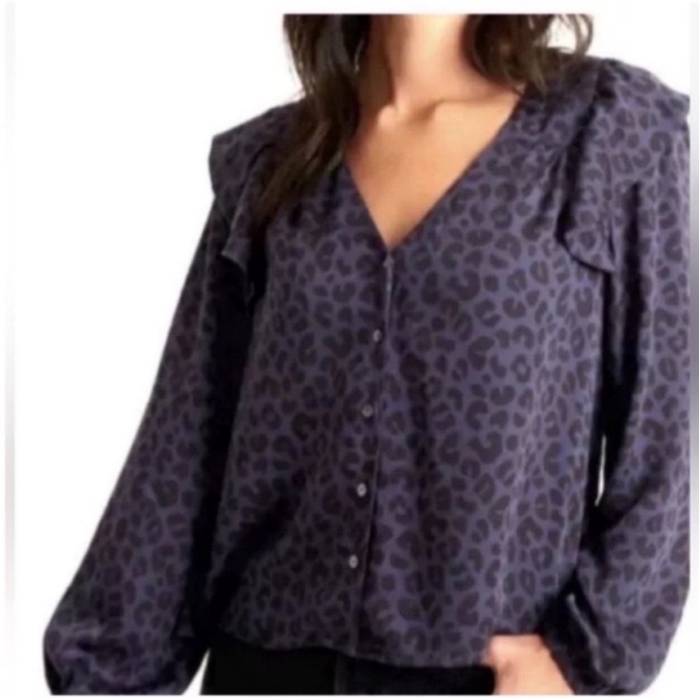 NWT Marine Layer Women’s V-Neck Long Sleeve Leopard Black Navy Print Blouse S